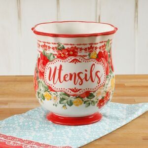 Pioneer Woman Vintage Floral Utensil Holder Jar Belly Shape Stoneware Gift NEW